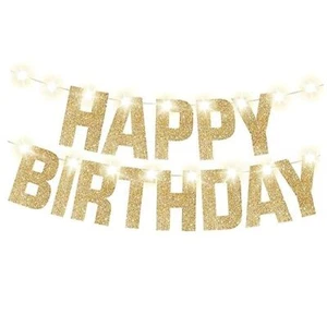 , Light Up Happy Birthday Banner - 10 Feet, 8 Modes | Glitter Birthday Gold - Picture 1 of 7