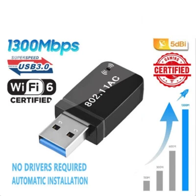 1300Mbps USB3.0 Wireless WiFi Adapter Dongle Dual Band 5G/2.4G Desktop Laptop - Image 1 of 4