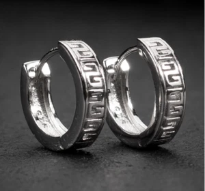 Thanks Giving Gift Solid Metal Men's Hoop Earring 14k White Gold Plated Silver - Picture 1 of 5