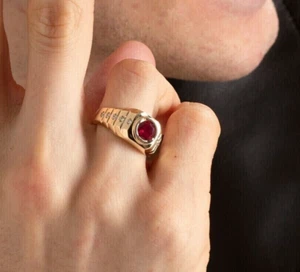 14K Yellow Gold Men's Ring Natural Red Ruby Wedding Engagement Gift Ring - Picture 1 of 14