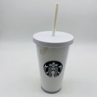 Starbucks 2017 White Glitter Grande Cold Cup Tumbler 16 oz Sparkly WITH Straw  - Image 1 of 4