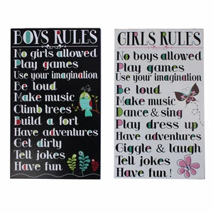 Vintage Rustic Wooden Hanging Wall Plaque Décor Sign - Boys Rules/ Girls Rules [ - Picture 1 of 3