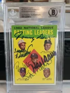 1963 TOPPS #1 SIGNED HANK AARON MUSIAL ROBINSON DAVIS WHITE LEADERS CARD BAS - Picture 1 of 2