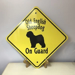 ANTIGUO PERRO PASTOR INGLÉS EN GUARDIA Amarillo y Negro 12” Metal Diamante “Calle” Letrero - Imagen 1 de 4