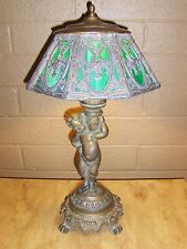 21" Antique Art Nouveau Green & White Slag glass Cast metal Lamp