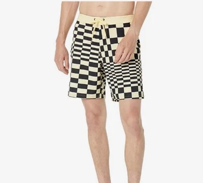 Pantalones cortos de natación Vans para hombre a cuadros sesgados negro plátano pálido talla 29 Foto 1 de 4