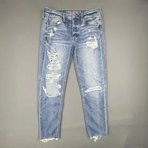 Jeans American Eagle donna 8 bottoni blu mosca vita media denim Tom ragazza invecchiato - Foto 1 di 11