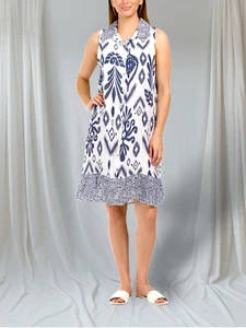 Luisa Perla Anthropologie Linen Sleeveless White Blue Collar Dress Sz Large - Picture 1 of 14