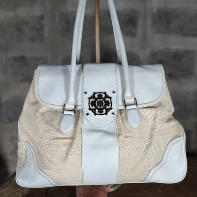 KATE LANDRY Grande Blanco Beige Cuero Tweed Doble Asa Bolso Monedero Bolso Foto 1 de 4