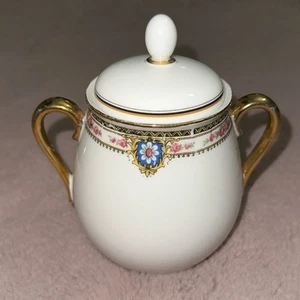 Antique Limoges France Porcelain Floral White Gold Lidded Sugar Bowl - Picture 1 of 10