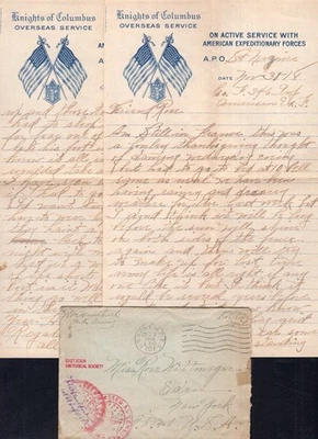 USA WW1 Military 1918 AEF Cover with Patriotic Letter to Eden NY. KofC. Censored - Image 1 of 2