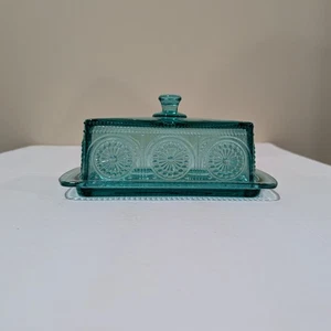 Pioneer Womans Vintage Teal Glass Butter Dish with Lid - Picture 1 of 7