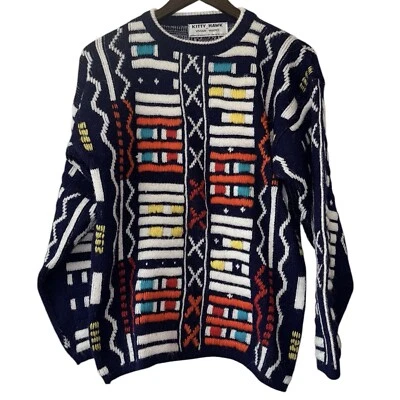 Vintage 90s Kitty Hawk Vivian Wang Blue Colorful Geometric 3D Knit Sweater Sz M - Image 1 of 4