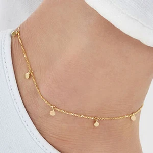 14K Real Gold Cable Chain Dangling Disc Charms Ankle Bracelet 9"-10" Adjustable - Picture 1 of 7