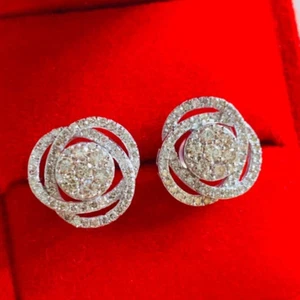 Swirl Floral Knot 14K White Gold Plated Cubic Zirconia Women Stud Earrings - Picture 1 of 15