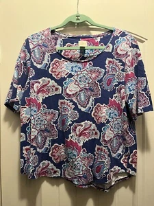 Chico’s 2 Paisley Print Tee Top Blau Rosa Blumen Sommer Reiseshirt M - Bild 1 von 6