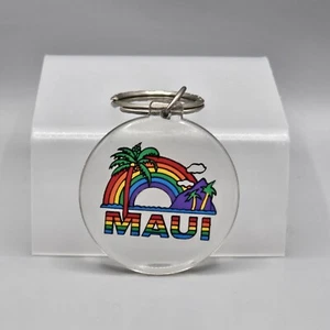 Maui Hawaii Acrylic Lucite Keychain Rainbow Palm Trees - Picture 1 of 3