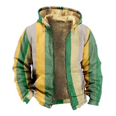 Sudadera con capucha de lana a rayas verdes amarillas para hombre Chaqueta con cremallera de invierno Foto 1 de 3