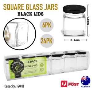 6/24pk 120ml Square Glass Jars Black Lid Food Lolly Honey Storage Wedding Favour - Picture 1 of 6