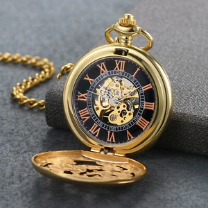 Mens Pocket Watch Mechanical Gold Case Hollow Hands Chain Hand-winding Luxury - Picture 1 of 6