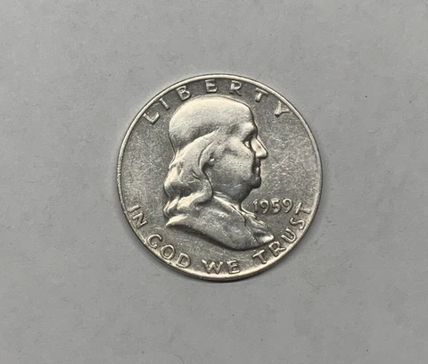 1959-D United States Ben Franklin 90% silver half dollar - Free Shipping Cover