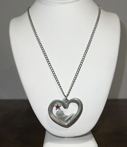 Signed Pewter necklace W/ Pendant Large Open Heart Silver Long Chain VNTG Star