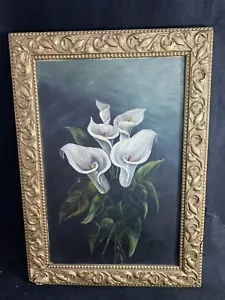 ANTIGUA PINTURA VICTORIANA ORIGINAL CALLA LILY BODEGÓN EN ELEGANTE MARCO DORADO - Imagen 1 de 5