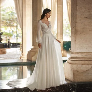 Sexy A-Line Wedding Dresses Scoop Neck Long Sleeved Sweep Train Bridal Gowns - Picture 1 of 8