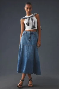 NWT Mare Mare Denim Flounce Midi Skirt Size Small Blue Anthropologie - Picture 1 of 13