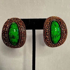 Chunky Earrings Bronze Orante Oval Metal Framing Green Marbled Stone Lightweight - Picture 1 of 9