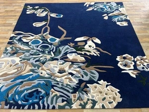 Navy Blue Floral Wool Rug 8x10 – Hand-Tufted Multicolor Botanical Area Carpet - Picture 1 of 10
