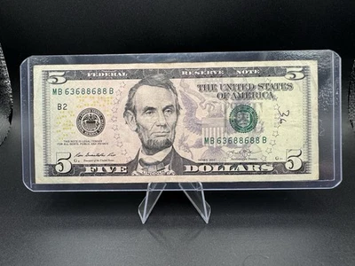 💚 2013 $5 Fancy Serial 💵 Double 88 Pattern • MB63688688B • XF Condition - Image 1 of 2