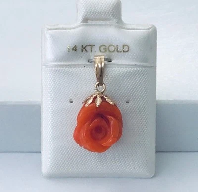 Small  Solid  14K Gold  Natural  Red Coral  Hand Carved Rose Flower  Pendant NEW - Image 1 of 4