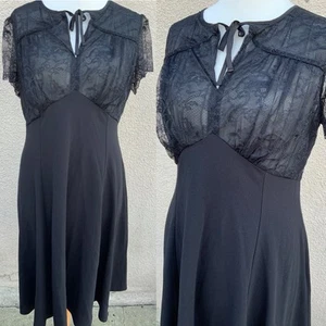 HOUSE OF FOXY VINTAGE 40’s BLACK CREPE LACE FIT FLARE SWING DRESS 18 16 - Picture 1 of 6