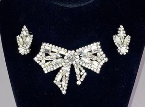 Rare Unsigned Eisenberg Late 40s-1950s Rhinestone Parure Set Bow Brooch Earrings - Picture 1 of 16
