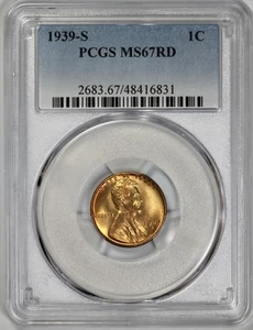 1939-S Lincoln Cent 1c PCGS MS 67 RED Wheat Penny - Picture 1 of 4