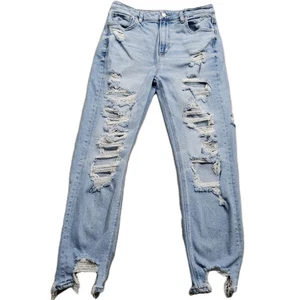 American Eagle Mom Jeans Womens 10 Blue Light Distressed High Rise Frayed 31x27 - Picture 1 of 14