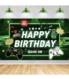 Video Game Happy Birthday Fabric Backdrop Game on Party, 42”X 70” Green/Black - Picture 1 of 4