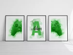 Personalised Gaming Watercolour Prints Set Of 3 Kids Gamer Bedroom Wall Art 1042