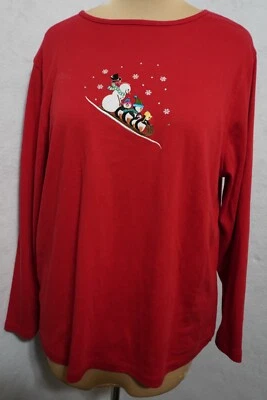 M&C SPORTSWEAR RED SNOWMAN on Sled HOLIDAY LONG SLEEVE T-SHIRT SIZE 3X - Image 1 of 4