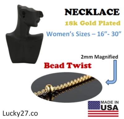 18k Gold Plated Stainless Steel Women Chain Necklace - BEAD TWIST 16" to 30" - Image 1 of 4