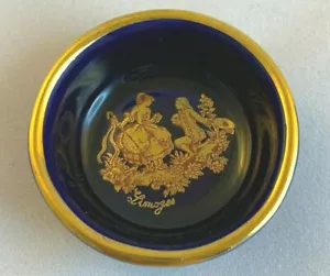 Miniature Limoges Castel Porcelain Cobalt Blue Bowl Courting Couple - Picture 1 of 3