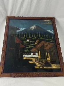 Vintage MCM Velvet Landscape Oil Painting Carved Frame Mexico Mountain Village - Picture 1 of 10