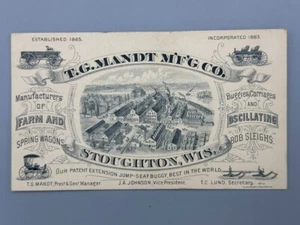 1880s T G Mandt FARM WAGON Carriage BOB SLEIGH Advertise Trade Card STOUGHTON WI - Picture 1 of 7