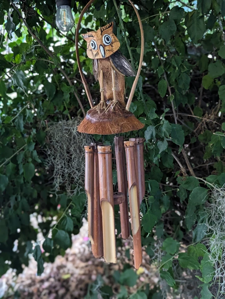 Carillón de viento de bambú Owl Bird barra de campo coco rústico - ecológico Foto 1 de 4