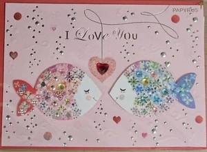 PAPYRUS GEMMED KISSING FISH BUBBLES VALENTINE'S DAY CARD - Picture 1 of 4