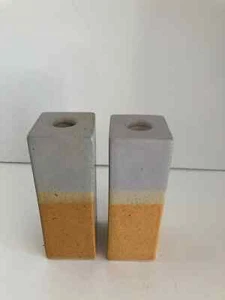 Stone Soldier Pottery Ceramic Candle Holders Rectangular Glazed Striped Set of 2 - Picture 1 of 17