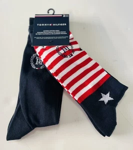 Tommy Hilfiger Mens 2 Crew Socks Red Navy Stars Stripes Combed Cotton Size 7-12 - Picture 1 of 9