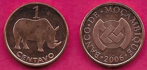 MOZAMBIQUE 1 CENTAVO 2006 UNC RHINOCEROS STANDING RIGHT,VALUE,BANK LOGO,DATE,Cen - Picture 1 of 1