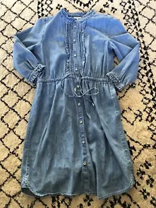 Tom Tailor Denim Western Ruffle Dress Silver Buttons Small. Waist Tie. Cotton. R - Picture 1 of 7